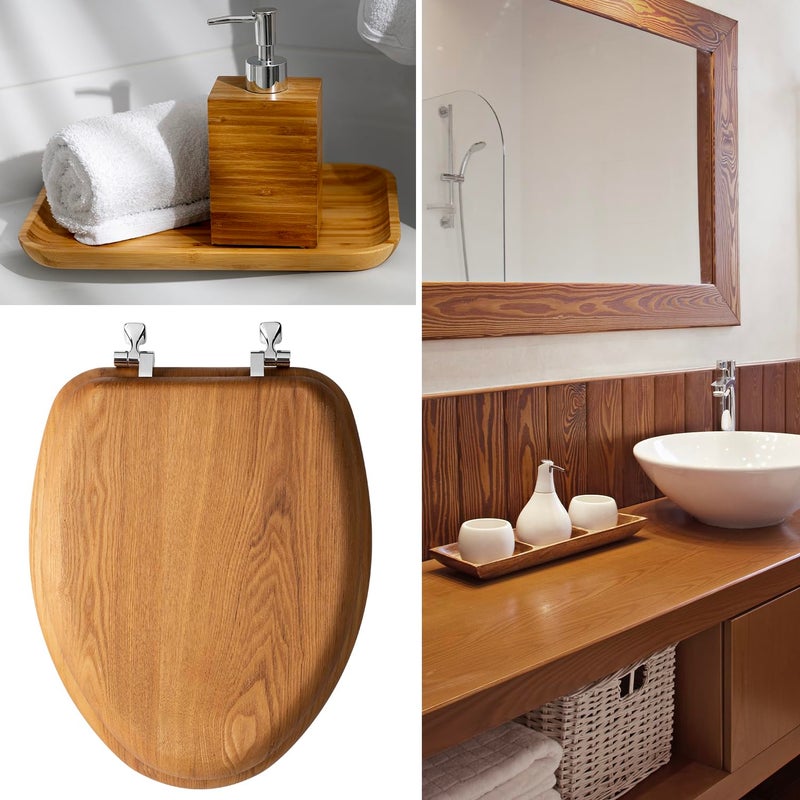 Bemis Mayfair Natural Oak Veneer Toilet Seat with Chrome Hinges, Elongated, Wood - Image 4